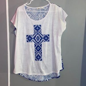 Women’s white and blue top with cross on the front. Size large